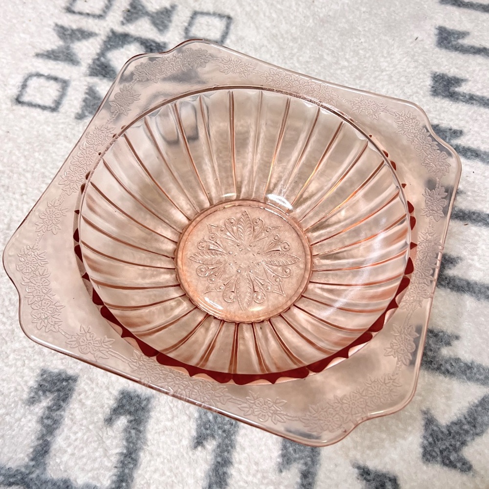 Vintage pink depression glass square bowl. Adam design.